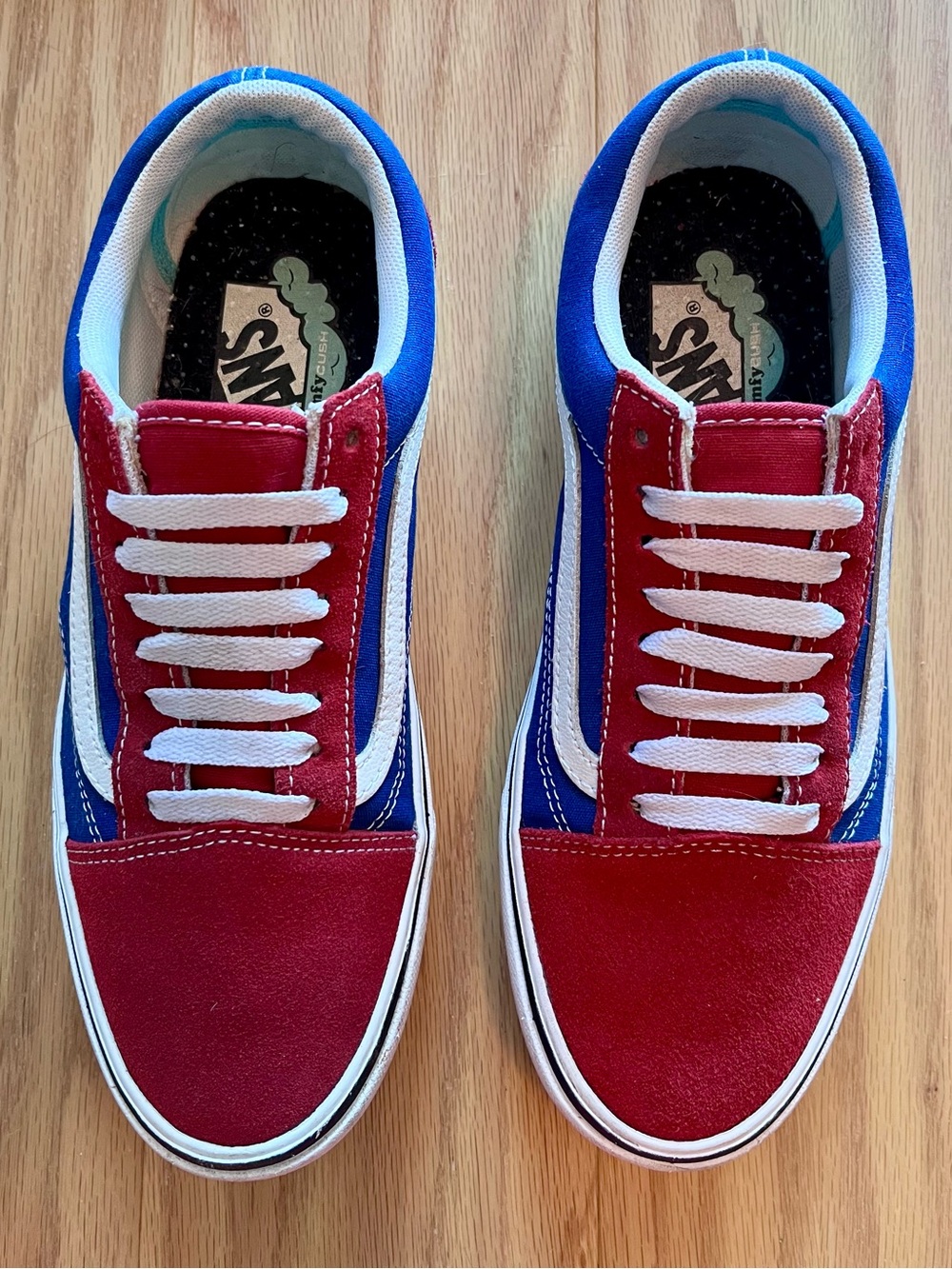 Vans Comfy Cush Two Tone Old Skool Low Top Sneakers in Red, Blue & White